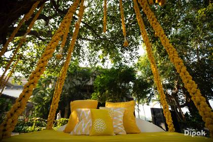Lounge and Floral detail — Haldi decor — Alila Diwa Goa